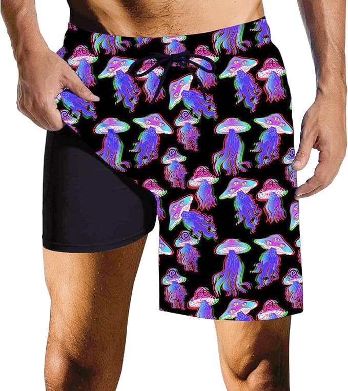 Mens Swim Trunks with Compression Liner Quick Dry Zipper Pocket Bathing