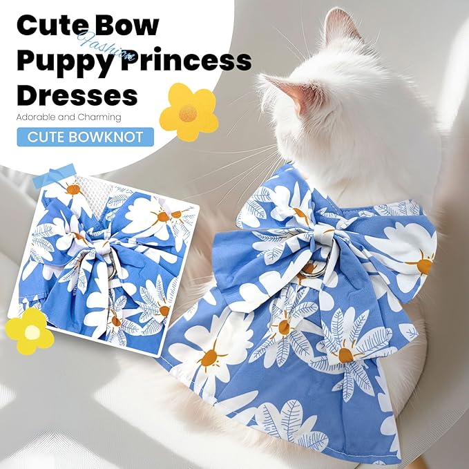 Cute Dog Dress Small Dog Clothes for Girls Female Puppy Outfits Floral Pet Summer Clothes Bowknot Doggy Harness Dress Cat Princess Dresses for Holiday Birthday Party (Blue Daisy, Small)