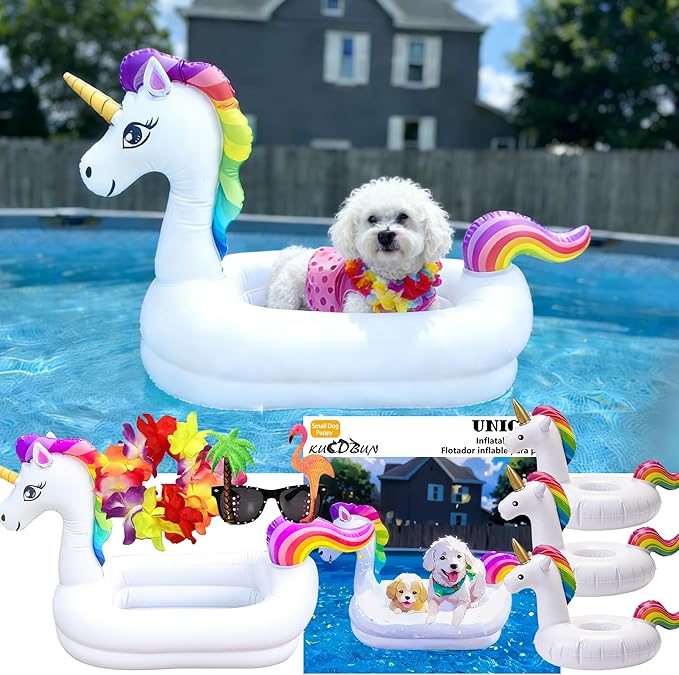 Dog Pool Float, Funny 6-in-1 Inflatable Dog Floats for Pool, Pet Floatie Raft for Small Dogs, Puppy and Doggies, White Unicorn