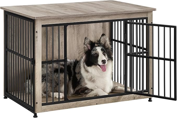 Feandrea 38.6" Dog Crate Furniture, Heavy-Duty Dog Cage Side End Table, XL Pet Wood Kennel for Large and Medium Dogs up to 70 lb with Enclosed Base, Double-Door Pet House, Greige