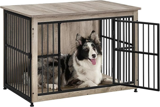 Feandrea 38.6" Dog Crate Furniture, Heavy-Duty Dog Cage Side End Table, XL Pet Wood Kennel for Large and Medium Dogs up to 70 lb with Enclosed Base, Double-Door Pet House, Greige