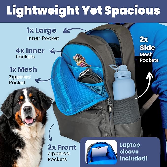 The Original Doggy Bag Backpack (Dark Grey) – Dog Travel Backpack with 2 Collapsible Bowls, Treat Bag, Lined Food Container, Placemat & Dog First Aid Kit with Pet First Aid Book & Supplies