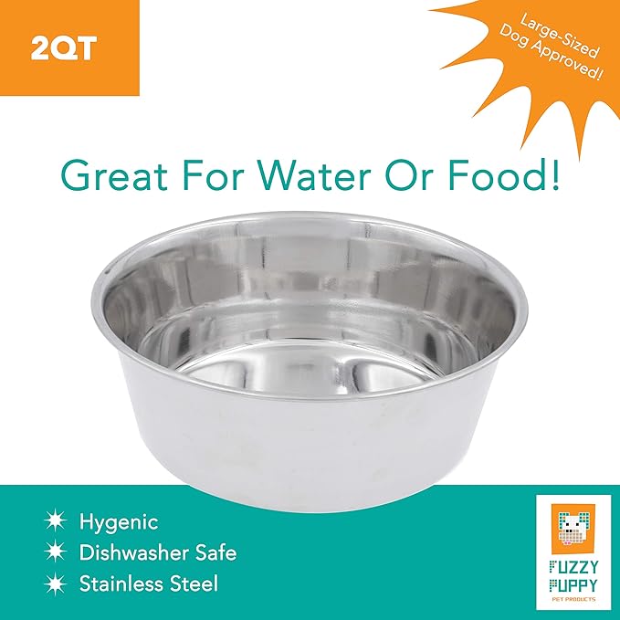 Fuzzy Puppy Food & Water Bowl for Cats & Dogs, Heavy-Duty Stainless Steel, Silver, 2 Quart