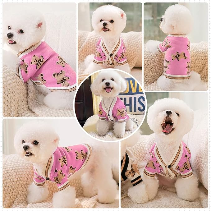 Small Dog Sweaters Cute Bear Dog Cardigans Clothes for Small Medium Dogs Boy Girl Puppy Cat Knitting Cardigan Outfits Dogs Winter Coats Warm Pet Doggy Clothes Soft Knitwear (Pink, X-Large)