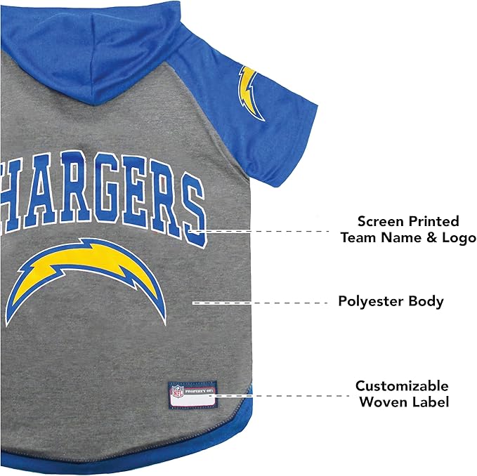NFL Los Angeles Chargers Hoodie for Dogs & Cats. | NFL Football Licensed Dog Hoody Tee Shirt, X-Small| Sports Hoody T-Shirt for Pets | Licensed Sporty Dog Shirt