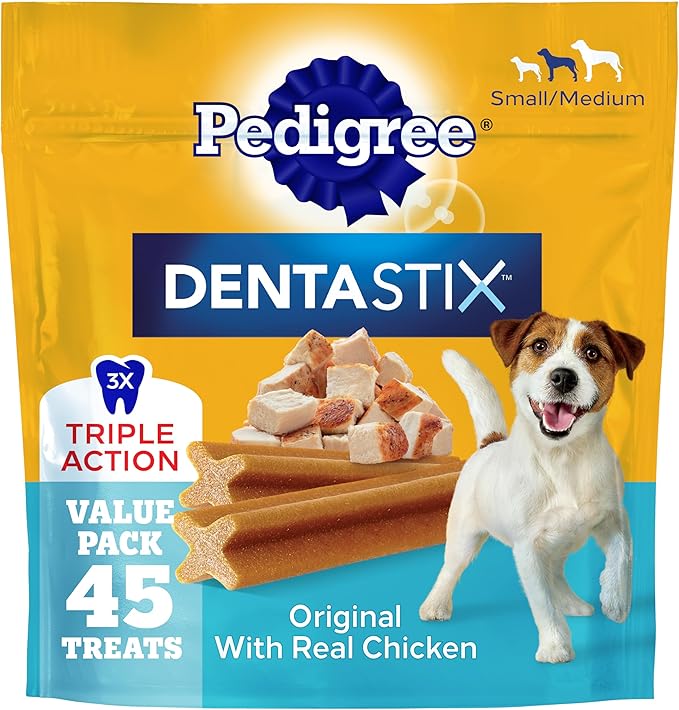 Pedigree Dentastix Small & Medium Breed Dog Treats, Original with Real Chicken, Dog Dental Treats, 21.1 oz. Bag (45 Treats Total)
