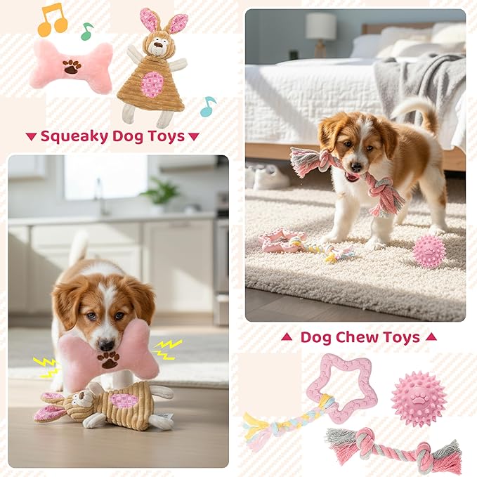 FLYSTAR Puppy Supplies Starter Kit - 42 pcs Puppy Essentials Includes Dog Squeaky Toys, Collar, Leash, Treat Bag, Poop Waste Bag, Blanket, Bowls, Water Bottles, Brush, Training Clicker and More.