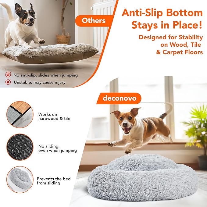 Deconovo Calming Donut Dog Bed, Washable Plush Round Pet Bed for Small Dogs & Cats with Raised Rim, Non-Slip Base and Soft Faux Fur—Lightweight, Easy-Care Design Light Grey 21" L x 21" W x 8" Th