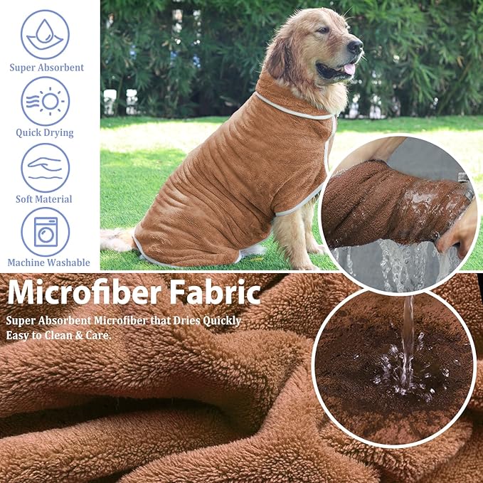 Dog Bathrobe Towel Dog Drying Coat - Super Absorbent Towels Bath Robe for Dogs Large, Soft Adjustable Collar & Belly Strap Fast Drying Coat Pet Cat Bath Robe (Brown, X-Large)