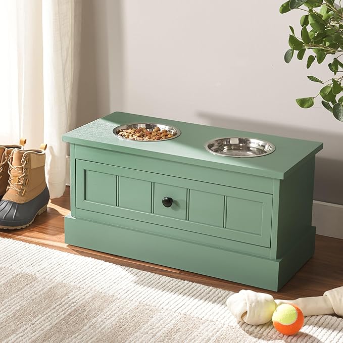 SAFAVIEH Home Collection Boomer Sage Green Elevated Pet Feeder Dog Bowl Stand with Drawer (Fully Assembled)