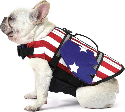 Dog Life Jacket, American Flag Wings Dog Life Vest with Chin Float Reflective Stripes and Handle, High Buoyancy Puppy Swim Floating Vest for Small Medium Large Dogs - USA Flag, M