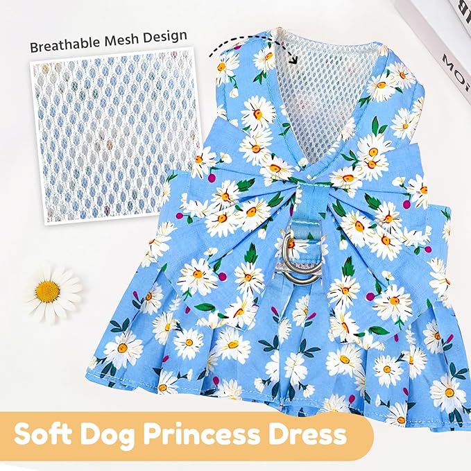 BAEJMJK Dog Dress Bowknot Harness Leash Set for Small Dogs Cats Daisy Floral Girl Dog Dresses Cute Puppy Princess Clothes Pet Doggy Outfits Spring Summer Breathable Dresses(Blue,X-Small)