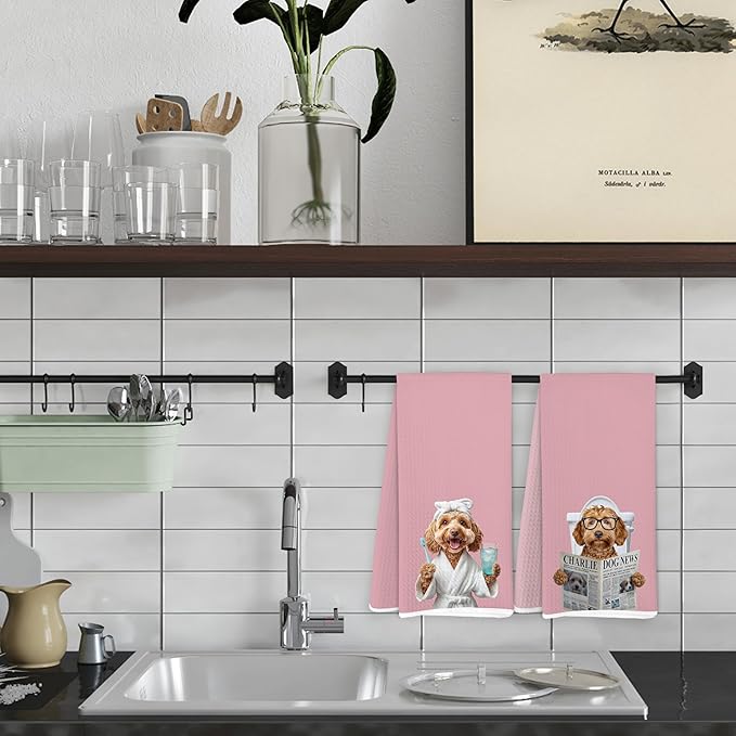 Funny Cavapoo Dog Bathroom Hand Towels, Cavapoo Gifts for Women, Dogs Bathroom Decor, Pink Trendy Dog Hand Towels for Bath Room Washroom Spa Gym Decor, 16x24 Inch Set of 2