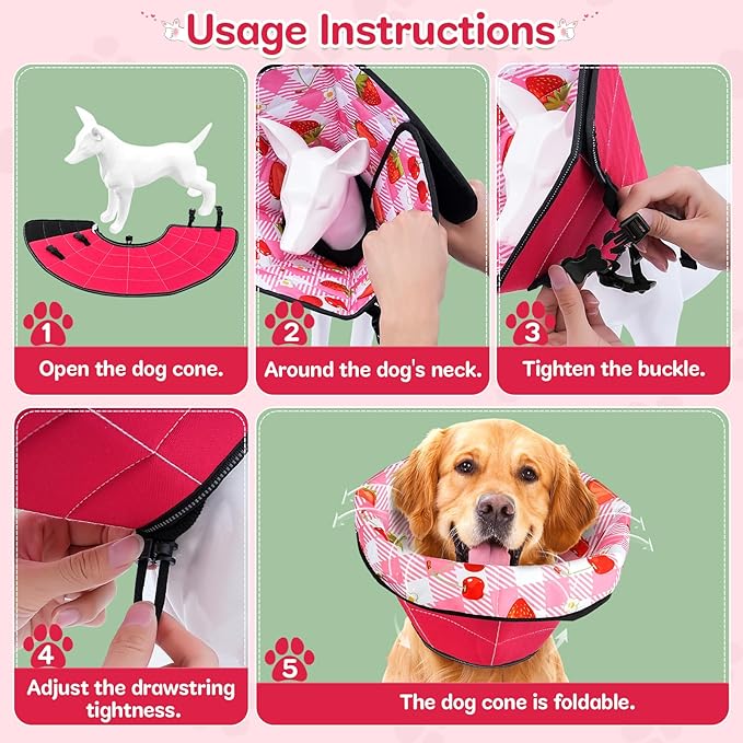 Dog Cone Soft Surgery Dog Cone Collar - Adjustable Long Foldable Comfortable for Recovery Alternative Prevent Biting Stop Licking Wound Small Medium Large Dogs (Strawberry Red, XL)