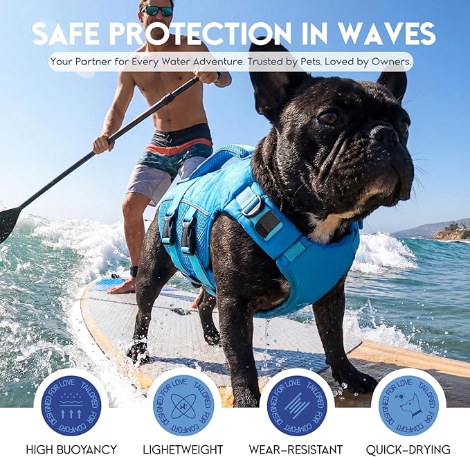 ASENKU Dog Life Jacket, High-Buoyancy Reflective Dog Swimming Vest with Durable Handles for Small/Medium/Large Dogs - Pool, Beach, Boating (Blue, L)