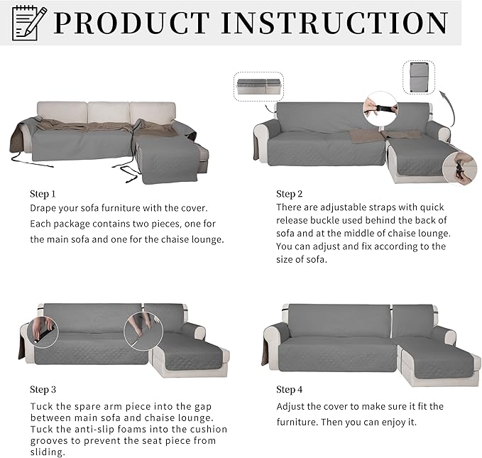 Easy-Going Waterproof Sectional Couch Covers with Chaise 2-Piece Non Slip L Shape Sofa Cover for Dogs Leakproof Furniture Protector Cover with Adjustable Strap for Pets (Large, Gray)