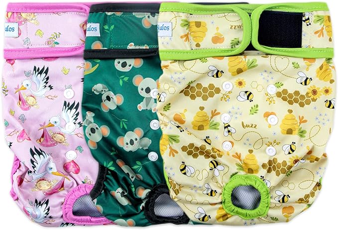 Leekalos Reusable Washable Dog Diapers Female (3 Pack) - Highly Absorbent Doggie Diapers - Size Adjustable Puppy Diapers for Dog Period Panties (Large, Honeybee)