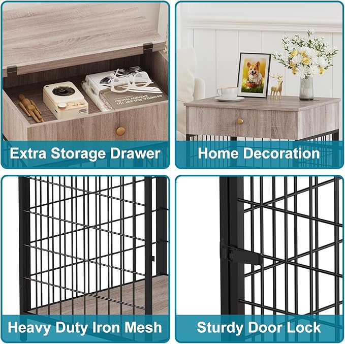 Decorative Grey Steel-Tube Dog Kennel Table with Drawer, Chew-Proof Indoor Pet Crate End Table for Small Dogs