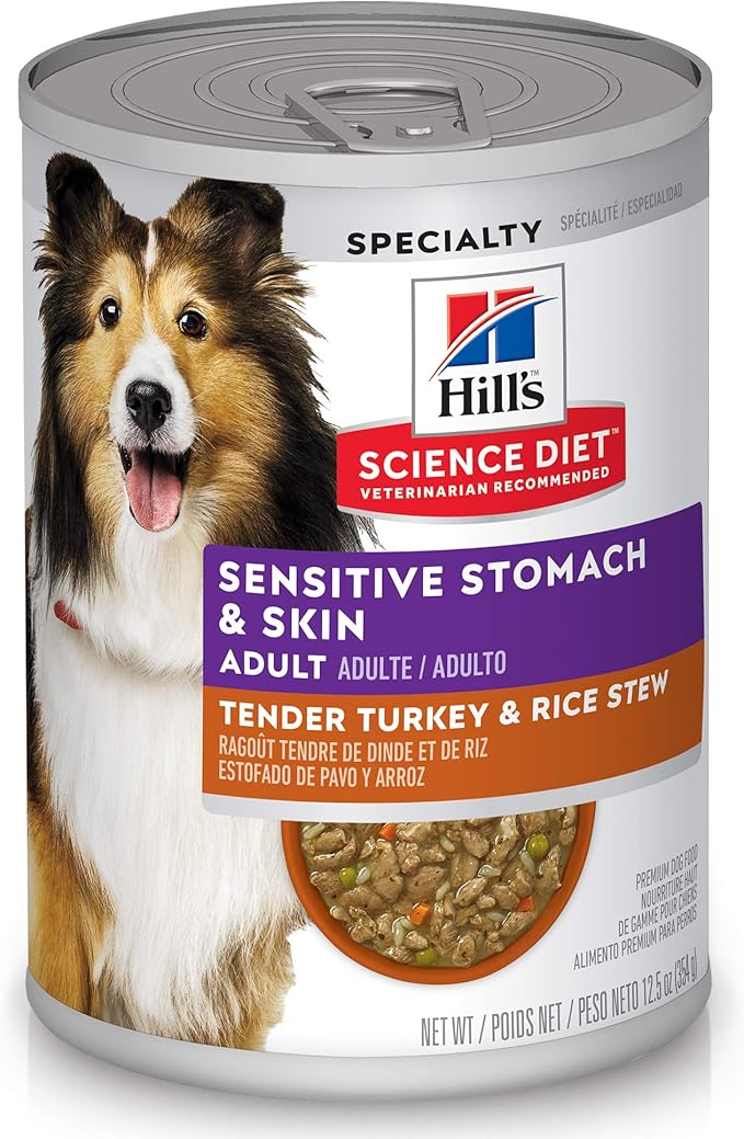 Hill's Science Diet Adult 1-6 Sensitive Stomach & Skin Wet Dog Food, Turkey & Rice Stew, 12.5 oz. Cans, 12-Pack