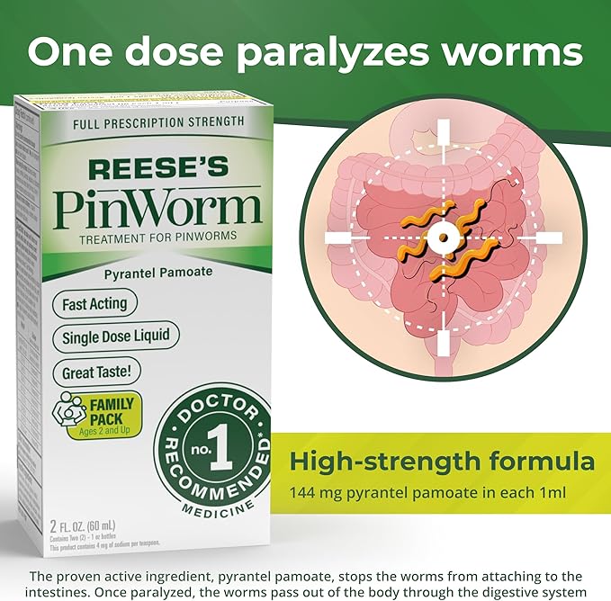 REESE'S PINWORM Medicine Liquid for Entire Family, Full Prescription Strength, 2 Oz, Pack of 2, #1 Doctor Recommended Single Dose Pyrantel Pamoate Dewormer for Adults & Kids Ages 2+, Banana Flavor