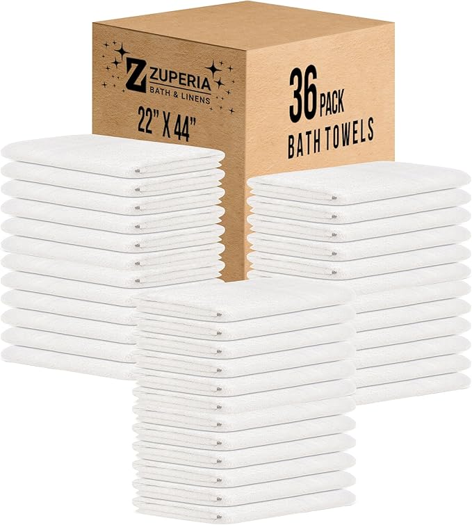 ZUPERIA White Bath Towels Bulk (22 x 44 Inches) - 100% Cotton Economy Light Weight Towels for Commercial Use - Quick Dry, Ultra-Soft, and Absorbent Bulk Towels (36 Pack)