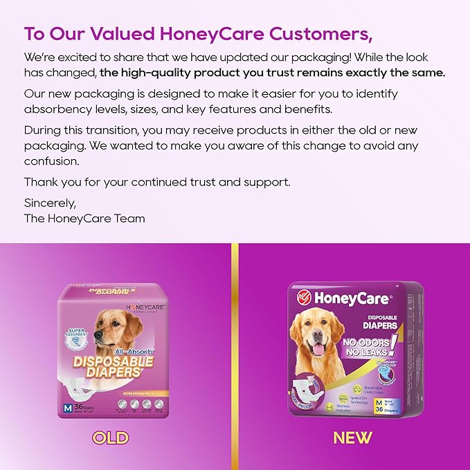 HONEY CARE All-Absorb Disposable Female Dog Diapers M Size, Improved Bigger Size, 36 Count, Super Absorbent, Breathable, Wetness Indicator (Pack of 1, 36 Count Total)