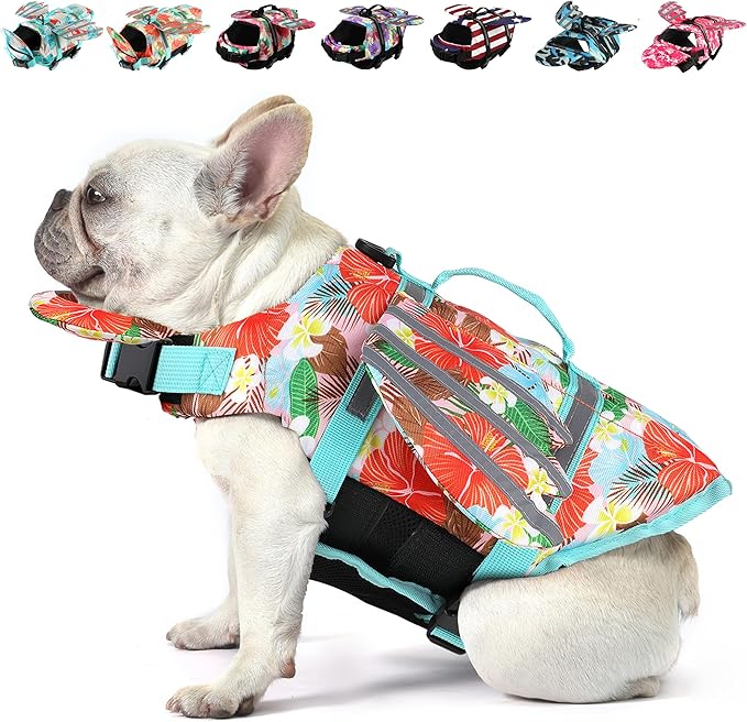 Dog Life Jacket, Wings Pet Life Vest for Swimming Boating Reflective Dog Flotation Swim Vest with Handle and Chin Float for Small Medium Large Size Dogs, XS, Floral Orange
