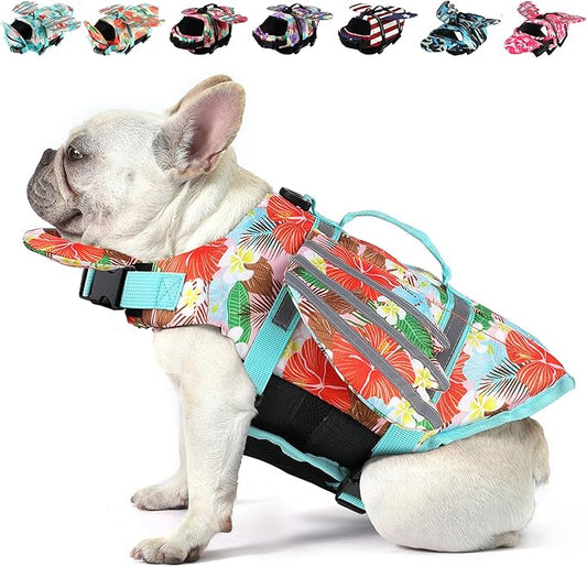 Dog Life Jacket, Wings Pet Life Vest for Swimming Boating Reflective Dog Flotation Swim Vest with Handle and Chin Float for Small Medium Large Size Dogs, XS, Floral Orange