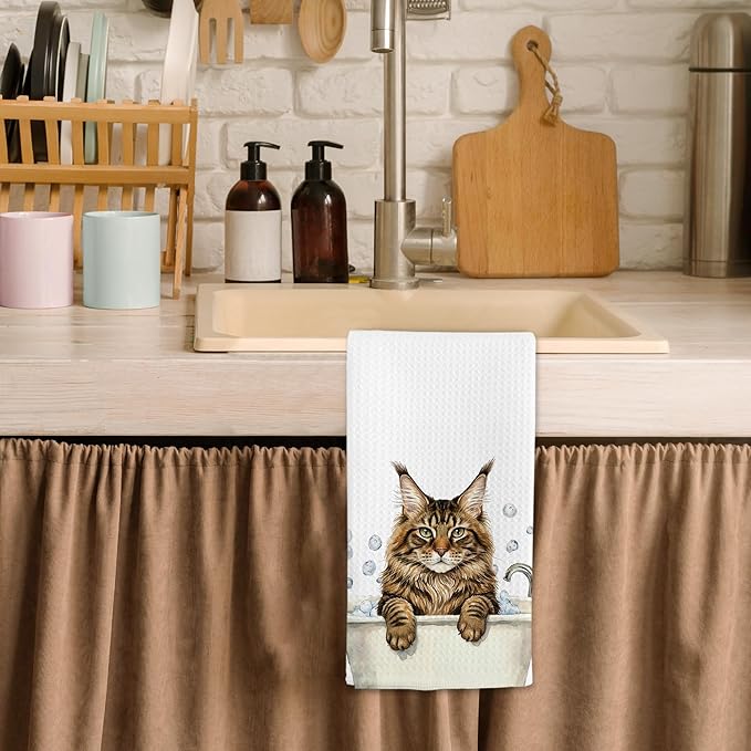 Funny Maine Coon Gifts Hand Towels, Cats Bathroom Decor, Maine Coon Cat Dish Tea Towels, Cats Lovers Gifts Hand Towel for Restroom Kitchen Washroom Decor, 16x24 Inch