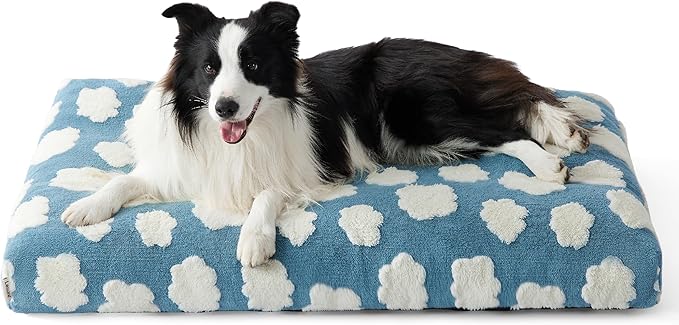 LE SURE Cute Dog Bed Large Sized Dogs-Thick Shredded Chopped Foam Pet Bed as Gift for Indoor with Removable Washable Cover, Modern Fuzzy Plush & Anti Slip Bottom, Blue