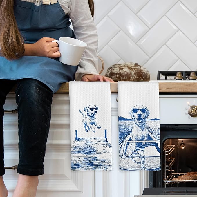 Lake House Decor Labrador Kitchen Towels Set of 2, Summer Funny Lake Dog Coastal Bathroom Hand Towel, Dog Lover Gifts Tea Towel Dish Towels 16x24 Inch