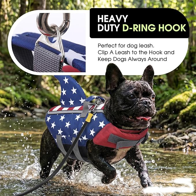 SUNFURA Dog Life Jacket Shark Life Vest for Dogs, Adjustable Swmming Vest with High Buoyancy, Safety Lifesaver with Rescue Handle for French Bulldog Small Medium Breeds, USAFlag2 XS