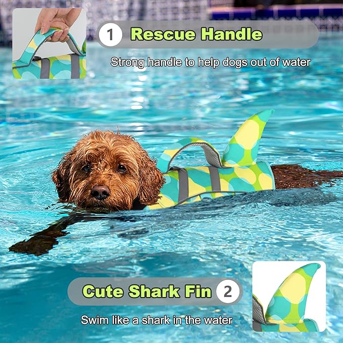 Dogcheer Shark Fin Dog Life Jacket, Adjustable Dog Harness Life Vest for Swimming Boating, Puppy Swim Vest Pet Flotation Device for Small Medium Large Dogs - Colorful Green,L