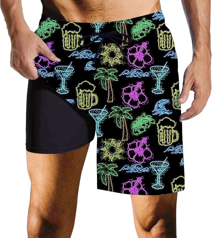 Mens Swim Trunks with Compression Liner Quick Dry Zipper Pocket Bathing