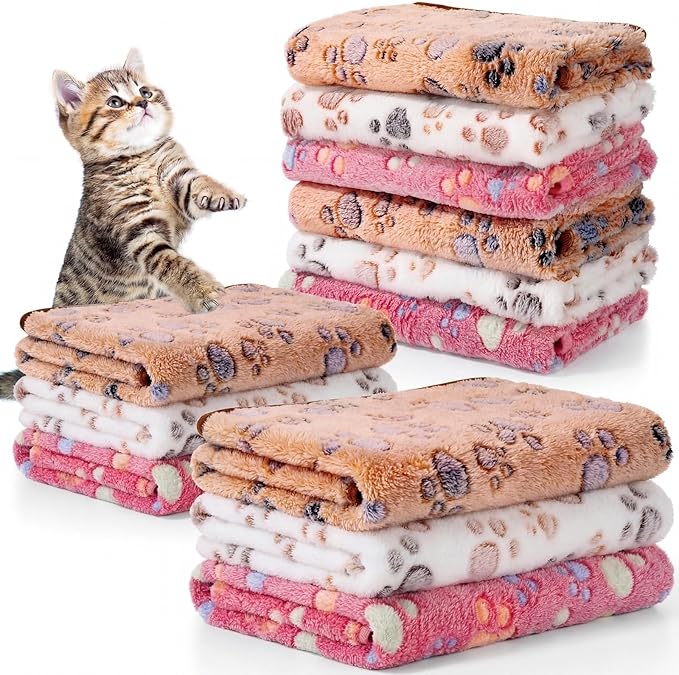 Tegeme 12 Pcs Pet Blankets Soft Fluffy Fleece Dog Cat Warm Paw Print Pattern Blankets Flannel Throw for Pets Dog Puppy Cat(23 x 16 Inch,Pink,Beige,Camel)
