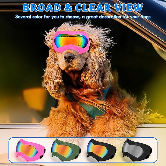 Large Dog Sunglasses Dog Goggles Pet Glasses Pet Eyewear with Adjustable Strap, Glasses for Medium Large Dog Swimming Skating Glasses Windproof Dustproof UV Proof (Pink-Colorful)