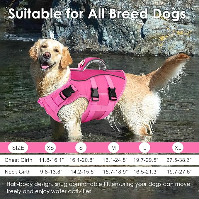 Dog Life Jacket, High Buoyancy Dog Life Vest with Handle for Swimming Boating, Adjustable Swimming Vest with Reflective Trim for Small Medium Large Dogs - Pink, L