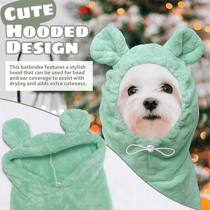 Dog Bathrobe Super Absorbent Towel Robe - Microfiber Bath Towels Fast Drying Coat for Dogs, Cute Dogs Clothes Adjustable Collar & Belly Strap Warm Keeping Hooded Dog Towel (Light Green, XX-Large)