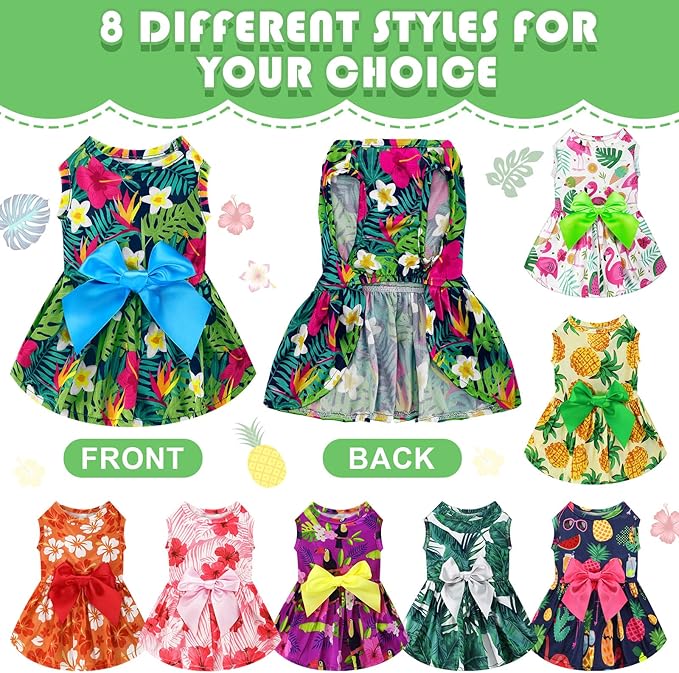 LEIFIDE 8 Pcs Summer Themed Hawaii Dog Dresses Holiday Flamingo Fruit Floral Pattern Pet Skirts Hawaii Puppy Princess Dresses Outfits Bowknot for Girl Dogs Cats Beach(XL)