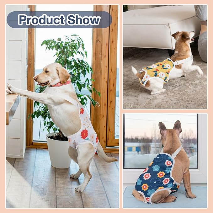 MICOOYO Dog Diaper Onesie Sanitary Pantie with Adjustable Suspender Washable Dog Period Panties Doggie Diapers Pet Underwear Female Dogs Diapers for Heat (Floral, S/M)