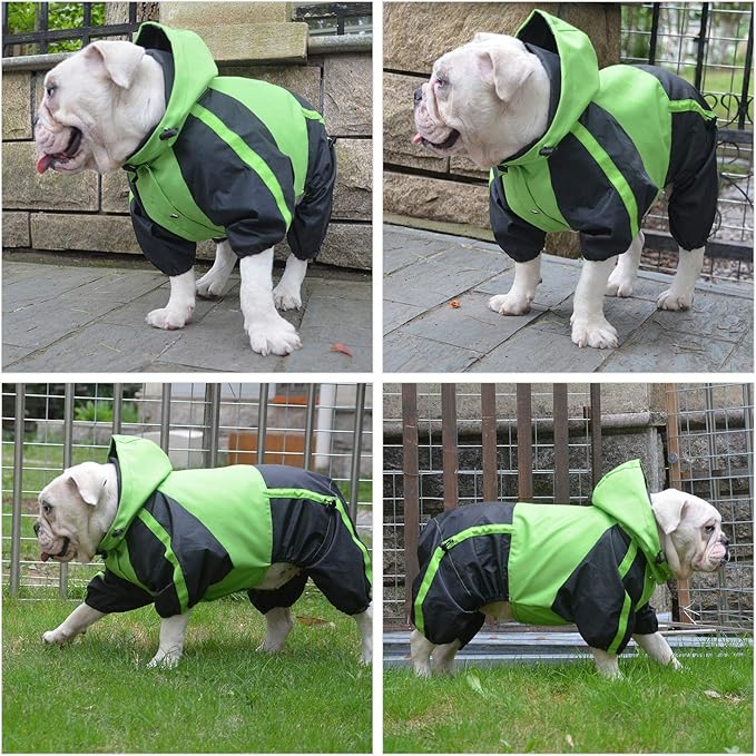 Lovelonglong American Bully Pitbull Dog Hooded Raincoat, Bulldog Rain Jacket Poncho Waterproof Clothes with Hood Breathable 4 Feet Four Legs Rain Coats for Pugs English French Bulldog Green B-S