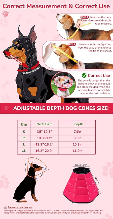 Dog Cone Soft Surgery Dog Cone Collar - Adjustable Long Foldable Comfortable for Recovery Alternative Prevent Biting Stop Licking Wound Small Medium Large Dogs (Strawberry Red, M)