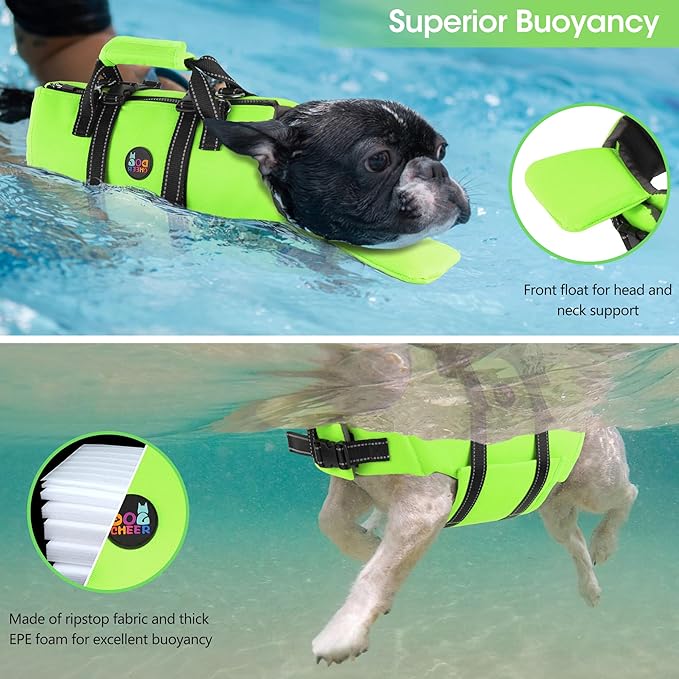 Dogcheer Dog Life Jacket with Back Zipper, High Buoyancy Puppy Swimming Vest, Dog Life Vest for Boating, Reflective Pet Floating Swim Vest PFD for Small Medium Large Dogs-Green,M
