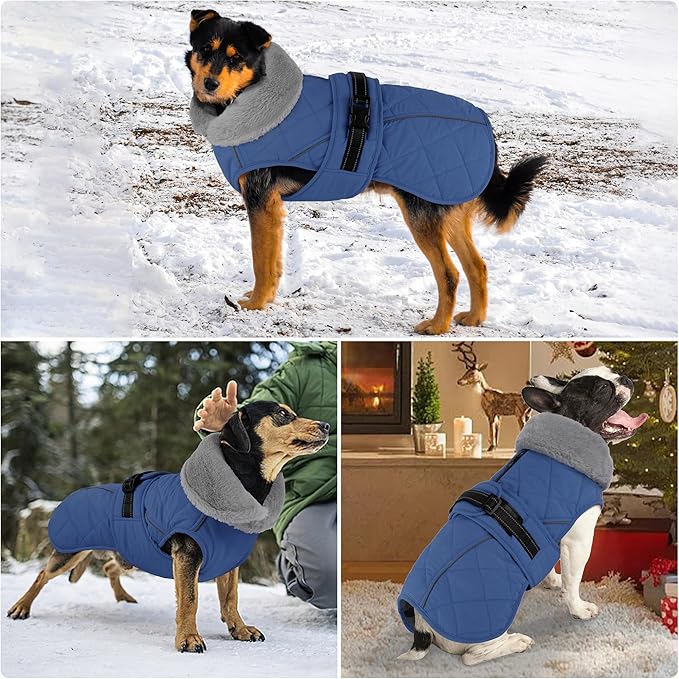 Dog Coat, Waterproof Dog Winter Jacket with Adjustable Buckle, Reflective Turtleneck Pet Snow Vest Warm Fleece Sweater for Small Medium Large Dogs - Blue, XL