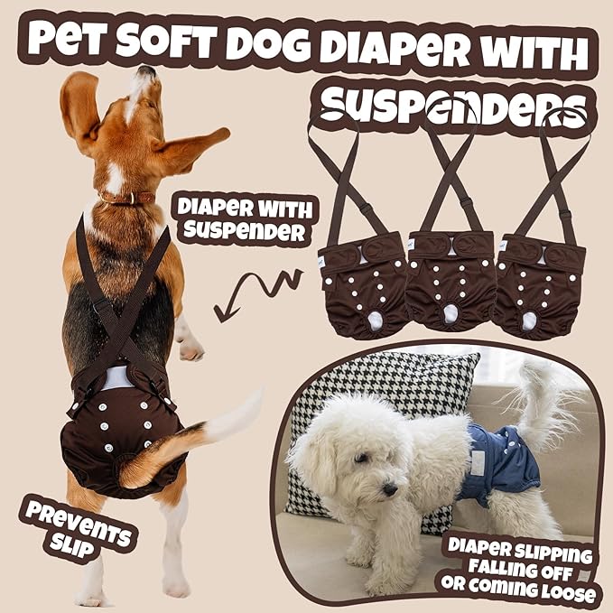 Pet Soft Dog Diapers Female with Suspenders, 3 Pack Reusable Female Dog Diapers for Heat, Dog Period Panties for Doggie in Cycle(Large, Bear Brown)