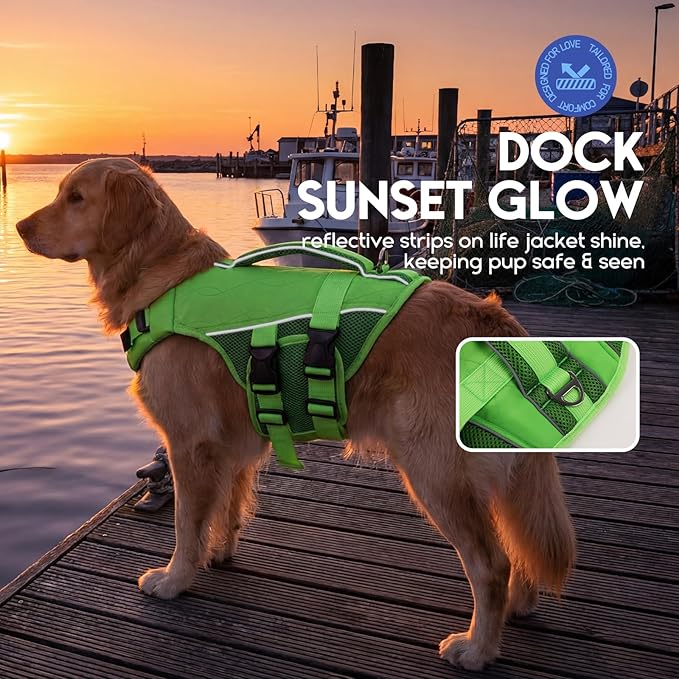 ASENKU Dog Life Jacket, High-Buoyancy Reflective Dog Swimming Vest with Durable Handles for Small/Medium/Large Dogs - Pool, Beach, Boating (Green, 2XL)