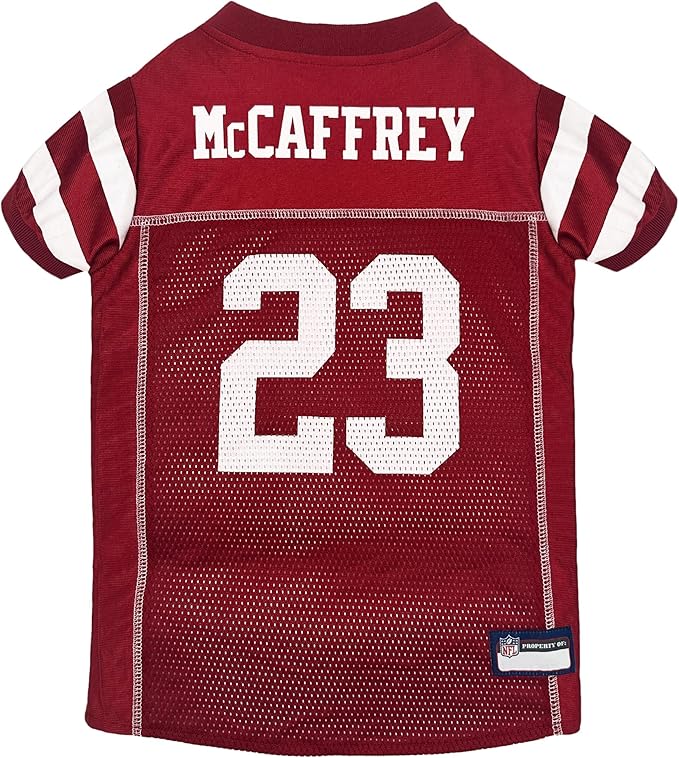 Pets First NFLPA Christian MCCAFFREY PET Jersey #23, NFL Dog Shirt, San Francisco 49ers Mesh Jersey, Size Medium