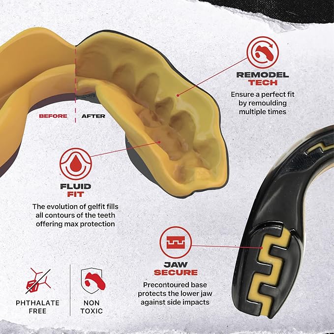 SAFEJAWZ Mouth Guard, Dual Layer Mouthguard for Youth with Case, Easy Fit Remoldable Mouthpiece for Football, Boxing, Lacrosse, MMA, Basketball & All Contact Sports (Kids <11 Years, Goldie)