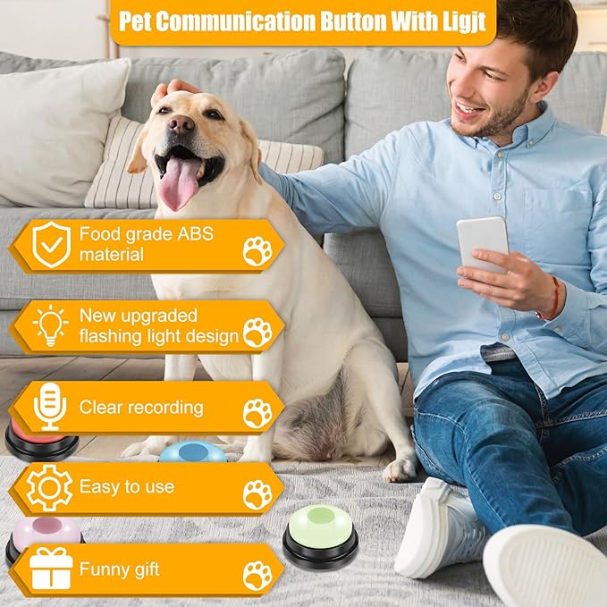 4Pcs Dog Buttons for Communication Voice with Light, Recording Button for Words Talking and Answer, Pet Button Answering Buzzer Best Toys fit Dog Tranning