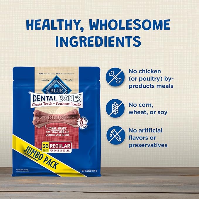Blue Buffalo Dental Bones Regular Natural Dental Chew Dog Treats Bag Jumbo Pack, 36oz. Bag